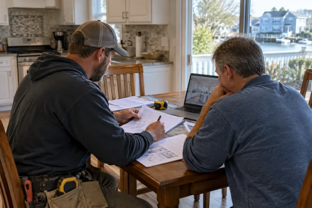 Homeowner and contractor review a choose contractor estimate at a kitchen table
