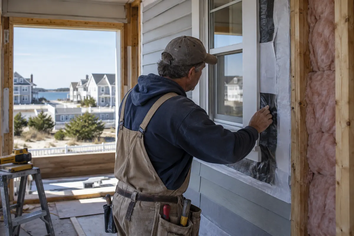 Coastal remodeling contractor inspects durable siding and weatherproof flashing around a home window