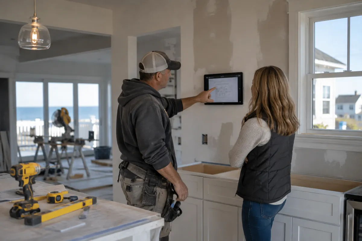 Homeowner checks contractor insurance with a remodeler beside a kitchen work area