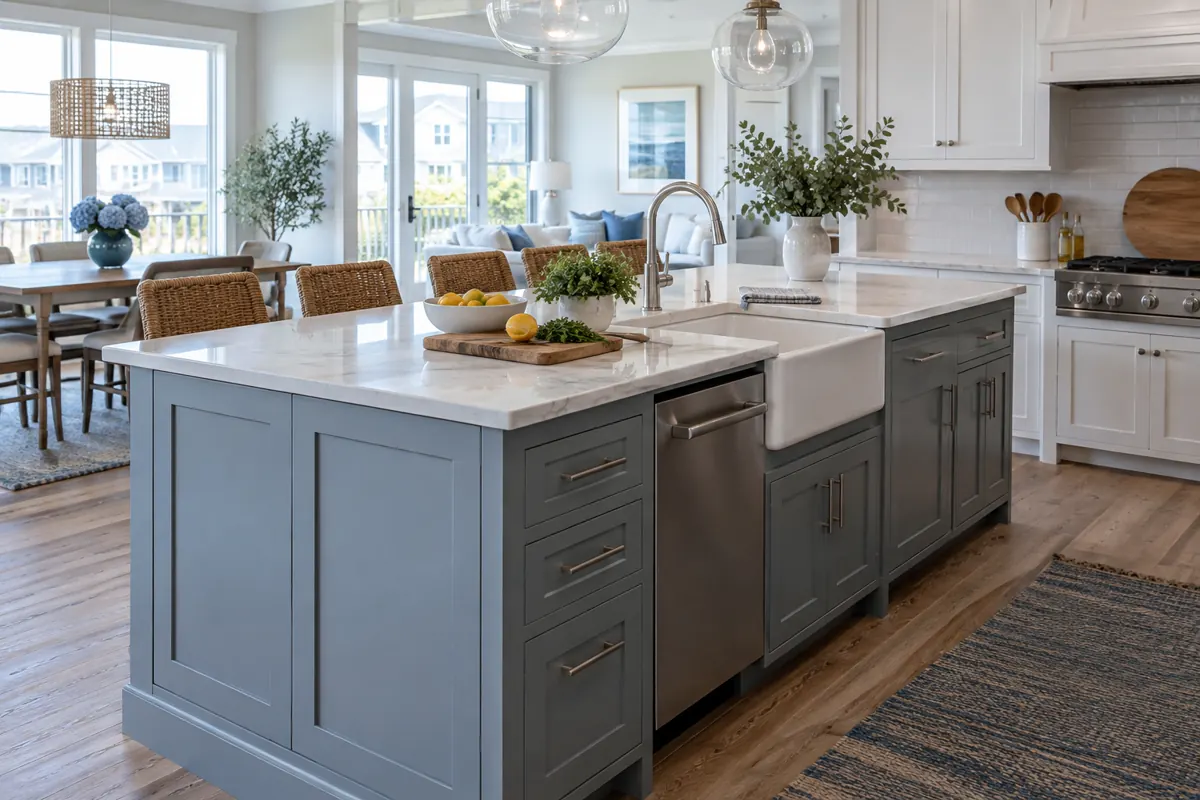 Kitchen design ideas show a large island with seating, sink, storage, and appliances
