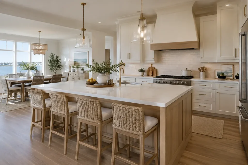 Kitchen trends appear in a bright Jersey Shore kitchen with oak cabinets and quartz island