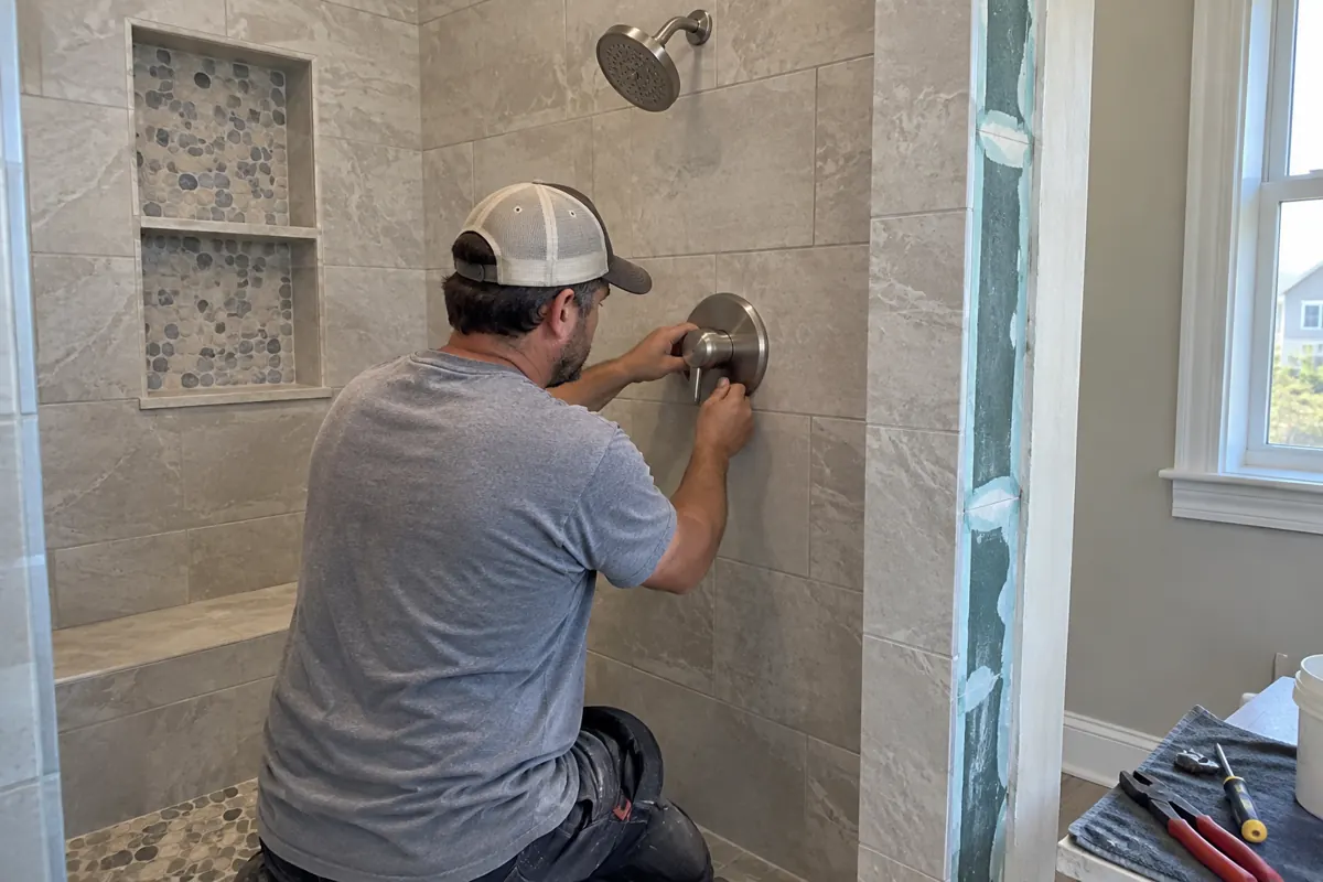 Technician installs luxury shower controls beside tiled niche and waterproofed shower bench