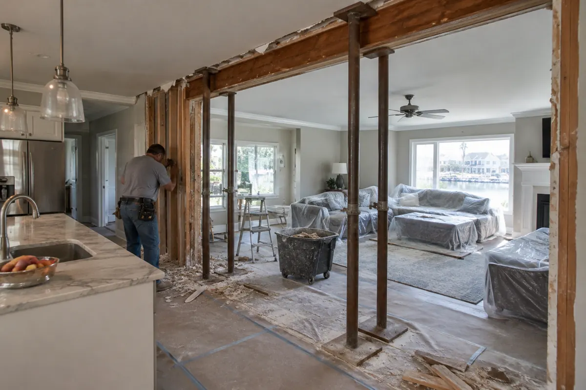 Contractor opens a wall between kitchen and living room during open concept remodeling