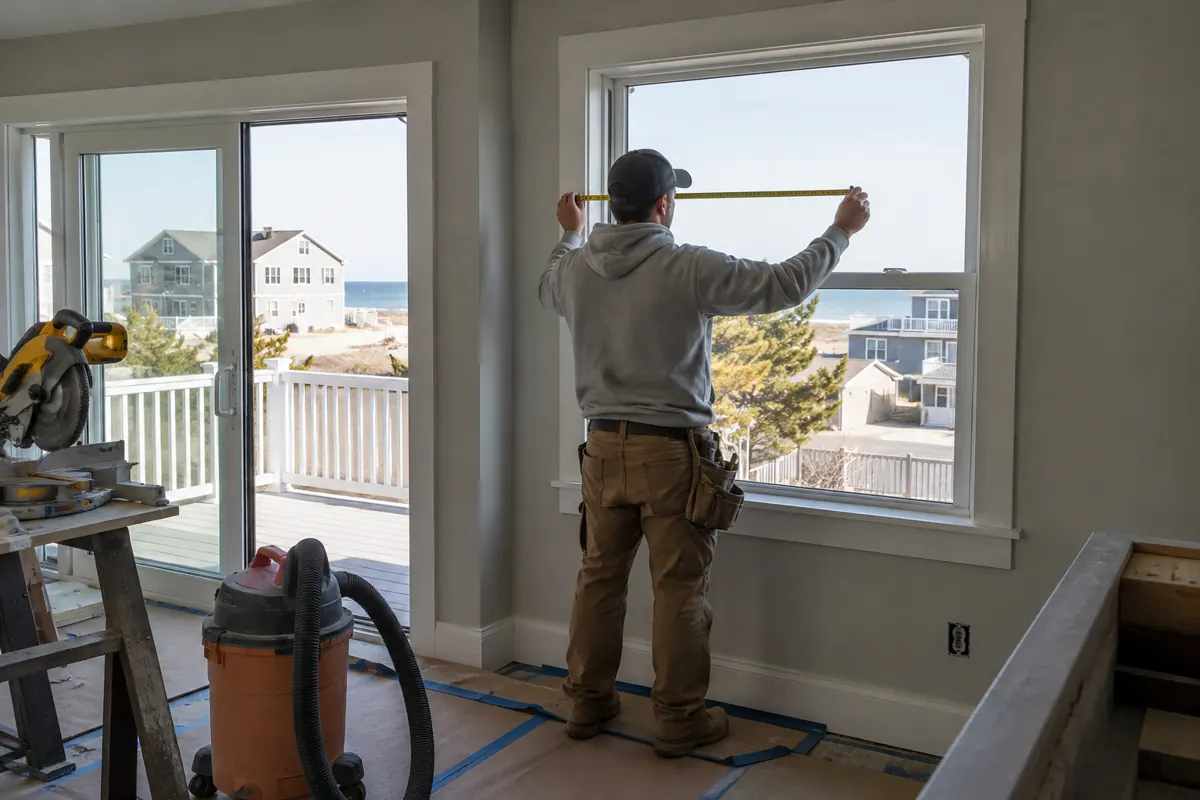 Technician measuring a replacement window during a home remodel in a coastal New Jersey house