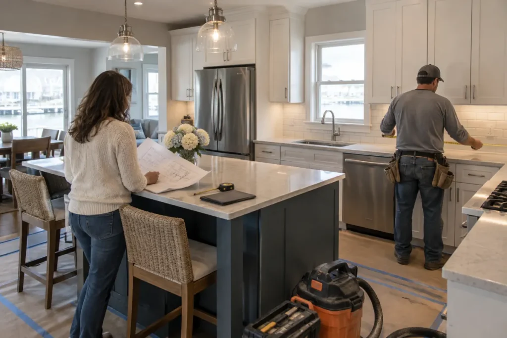 Jersey Shore homeowners review a kitchen remodel financing plan beside newly installed cabinets