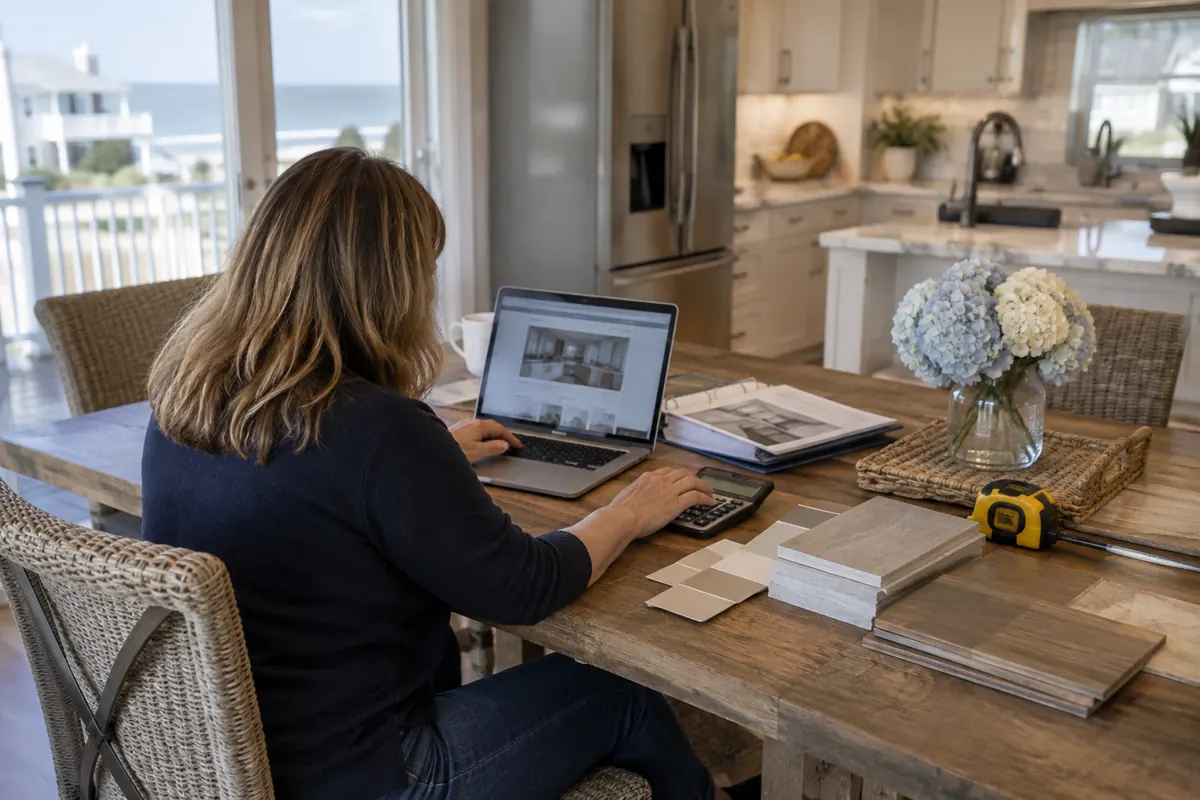 Homeowner compares remodel financing options at a kitchen table with renovation materials