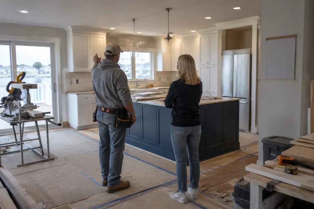 Remodeling timeline scene showing a contractor and homeowner reviewing a partially renovated kitchen