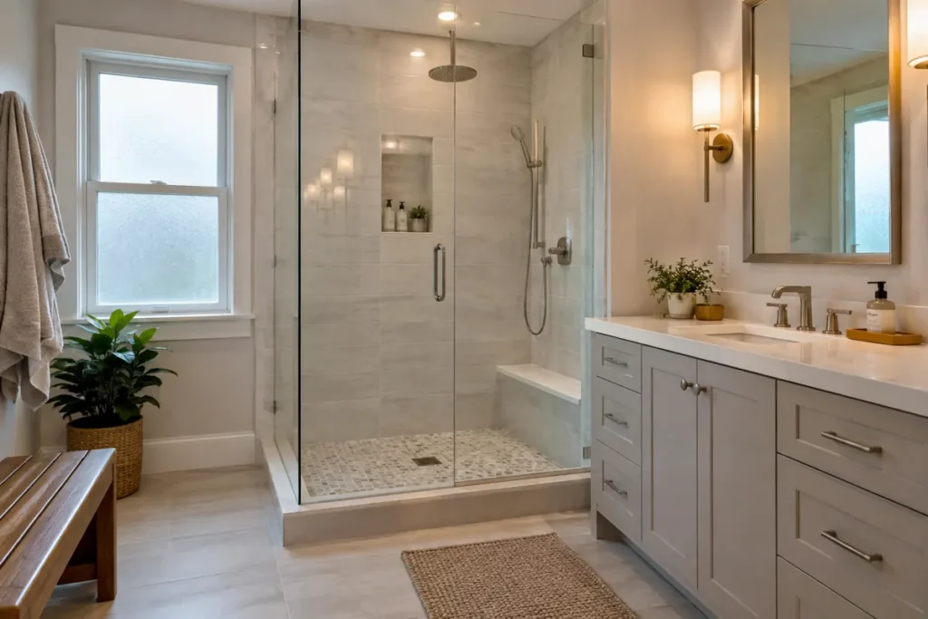 Spa bathroom with walk-in shower, warm lighting, storage, and moisture-resistant finishes