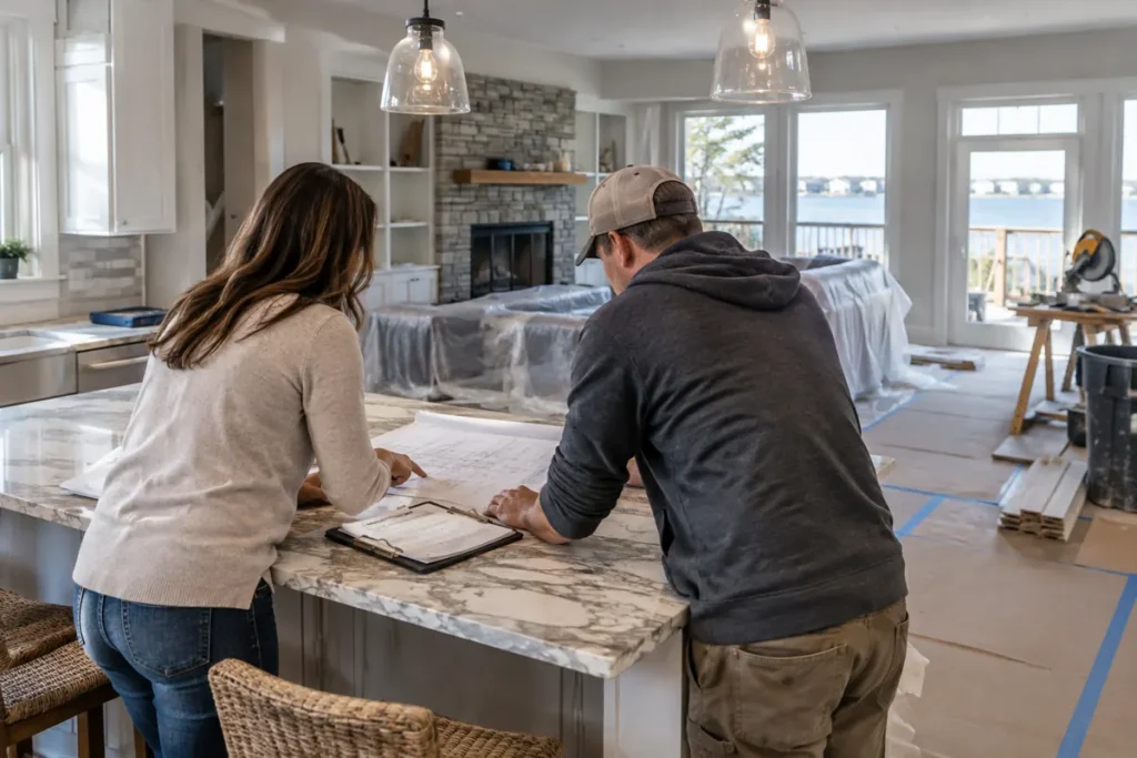 Homeowners review whole home remodeling plans in a partially renovated Jersey Shore house